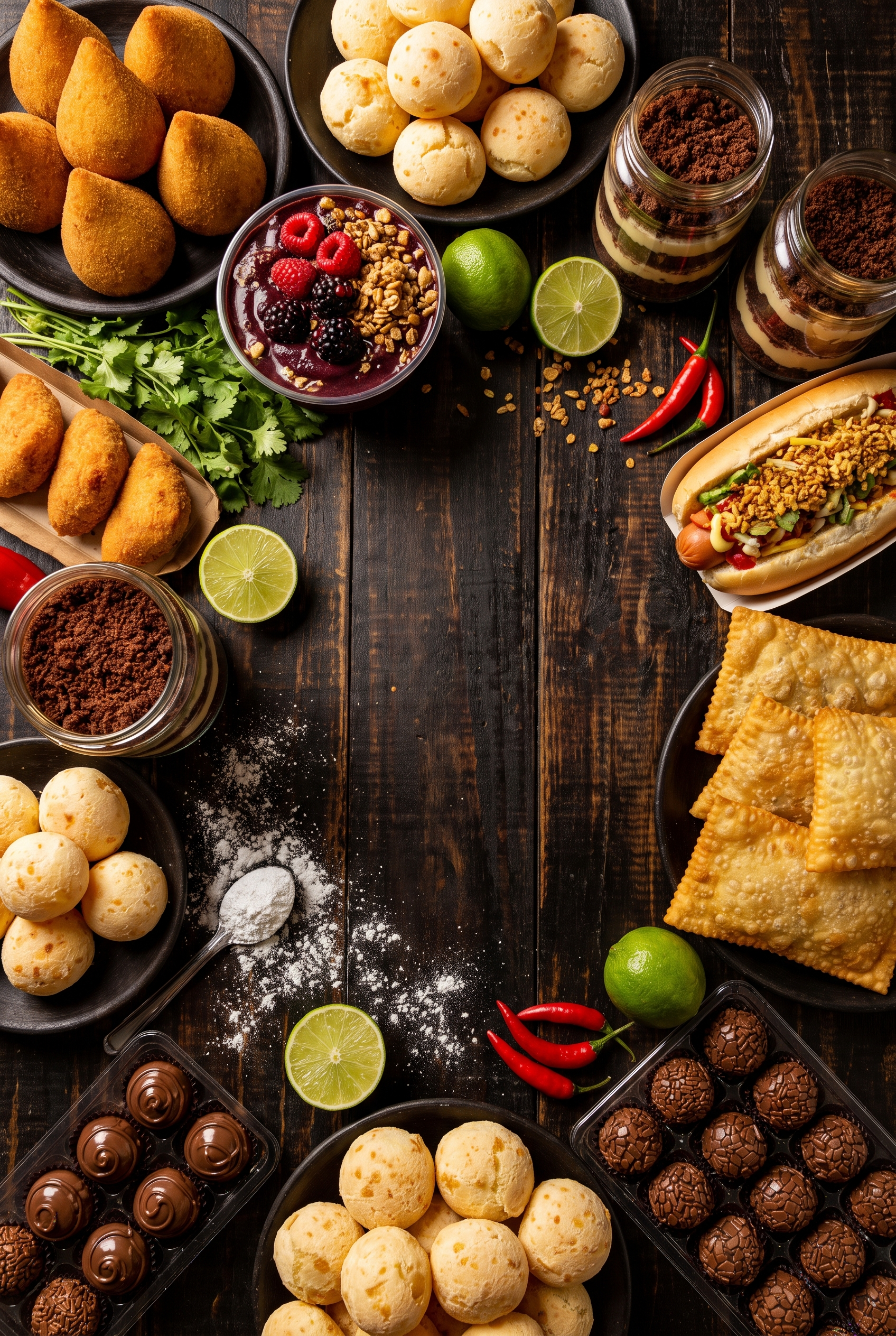 Mesa com coxinhas, pães de queijo, brigadeiros, pastéis e bolo de pote